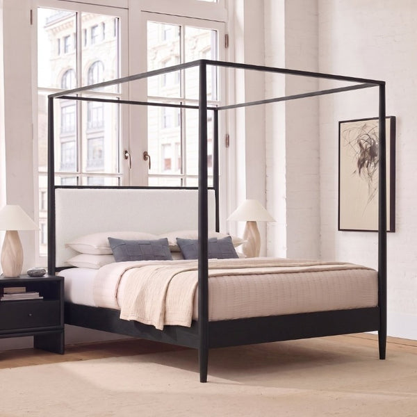English Elm Mid-Century Queen Canopy Bed Boucle Headboard Solid Wood Four Poster Platform Frame BS701P478593B