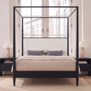 English Elm Mid-Century Queen Canopy Bed Boucle Headboard Solid Wood Four Poster Platform Frame BS701P478593B