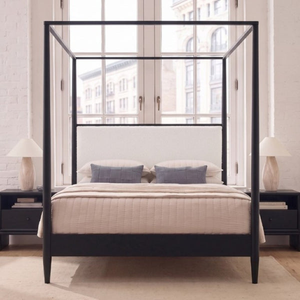 English Elm Mid-Century Queen Canopy Bed Boucle Headboard Solid Wood Four Poster Platform Frame BS701P478593B