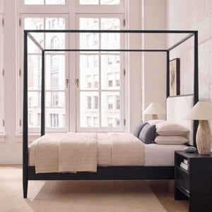 English Elm Mid-Century Queen Canopy Bed Boucle Headboard Solid Wood Four Poster Platform Frame BS701P478593B