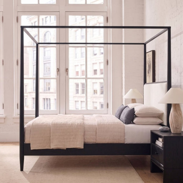 English Elm Mid-Century Queen Canopy Bed Boucle Headboard Solid Wood Four Poster Platform Frame BS701P478593B