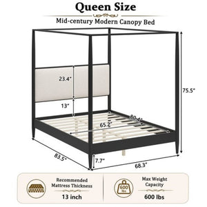 English Elm Mid-Century Queen Canopy Bed Boucle Headboard Solid Wood Four Poster Platform Frame BS701P478593B