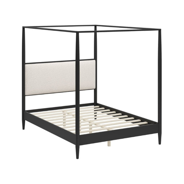 English Elm Mid-Century Queen Canopy Bed Boucle Headboard Solid Wood Four Poster Platform Frame BS701P478593B