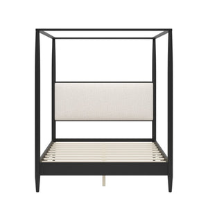 English Elm Mid-Century Queen Canopy Bed Boucle Headboard Solid Wood Four Poster Platform Frame BS701P478593B