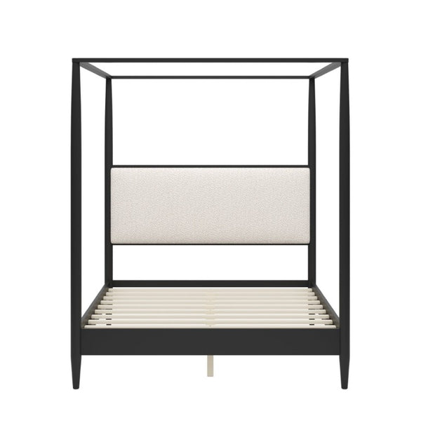 English Elm Mid-Century Queen Canopy Bed Boucle Headboard Solid Wood Four Poster Platform Frame BS701P478593B