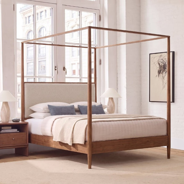 English Elm Mid-Century Queen Canopy Bed Solid Wood Frame Boucle Headboard 4 Poster Platform BS701P478593D