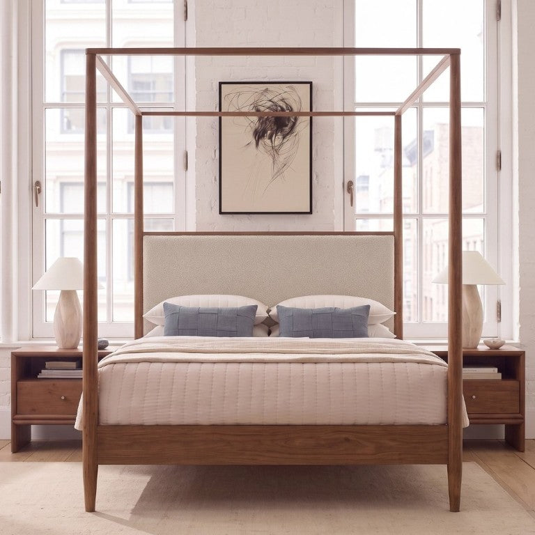 English Elm Mid-Century Queen Canopy Bed Solid Wood Frame Boucle Headboard 4 Poster Platform BS701P478593D