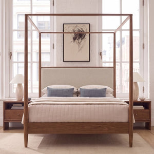 English Elm Mid-Century Queen Canopy Bed Solid Wood Frame Boucle Headboard 4 Poster Platform BS701P478593D