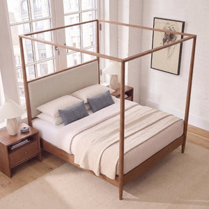 English Elm Mid-Century Queen Canopy Bed Solid Wood Frame Boucle Headboard 4 Poster Platform BS701P478593D