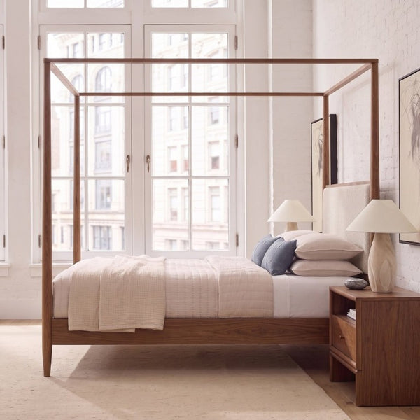 English Elm Mid-Century Queen Canopy Bed Solid Wood Frame Boucle Headboard 4 Poster Platform BS701P478593D