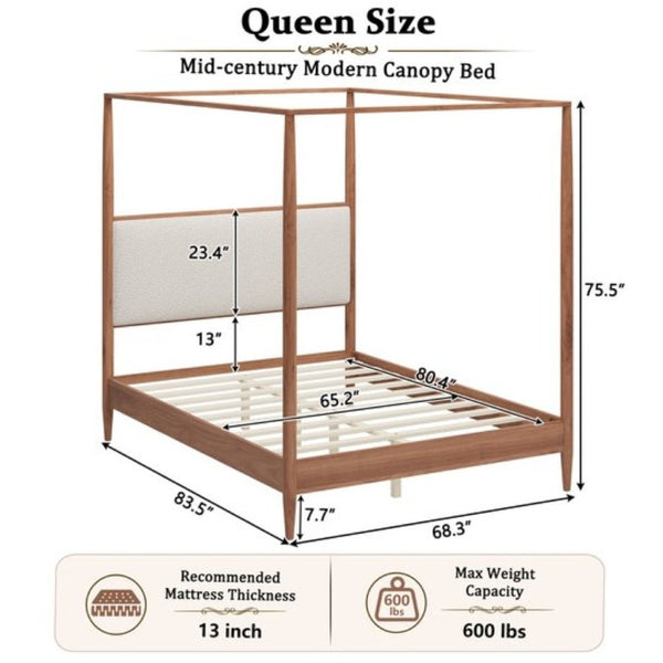 English Elm Mid-Century Queen Canopy Bed Solid Wood Frame Boucle Headboard 4 Poster Platform BS701P478593D