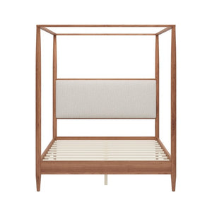 English Elm Mid-Century Queen Canopy Bed Solid Wood Frame Boucle Headboard 4 Poster Platform BS701P478593D