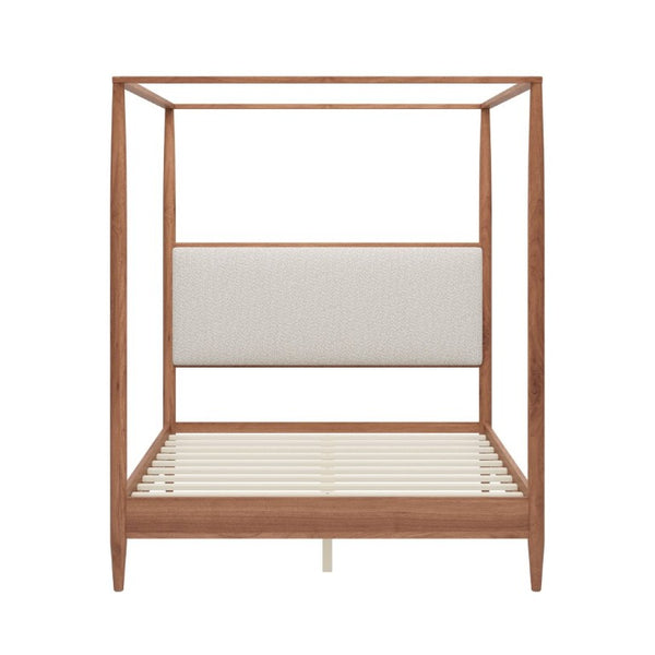 English Elm Mid-Century Queen Canopy Bed Solid Wood Frame Boucle Headboard 4 Poster Platform BS701P478593D