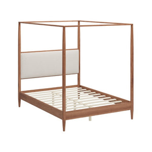 English Elm Mid-Century Queen Canopy Bed Solid Wood Frame Boucle Headboard 4 Poster Platform BS701P478593D