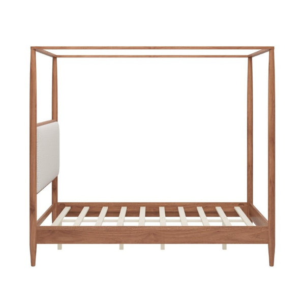 English Elm Mid-Century Queen Canopy Bed Solid Wood Frame Boucle Headboard 4 Poster Platform BS701P478593D