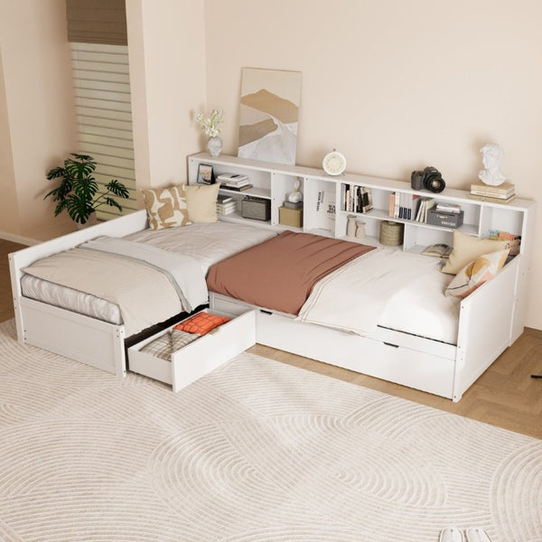 English Elm Twin Pine Corner Daybed with Trundle Bookcase and Storage Drawer Sleeps Three White BS701P480681K