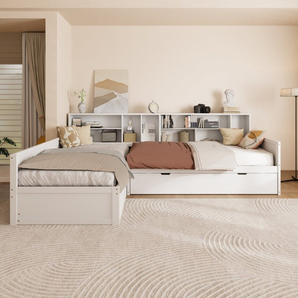 English Elm Twin Pine Corner Daybed with Trundle Bookcase and Storage Drawer Sleeps Three White BS701P480681K