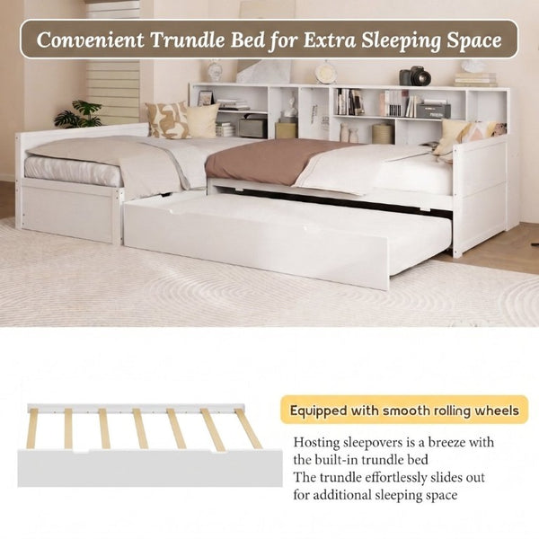 English Elm Twin Pine Corner Daybed with Trundle Bookcase and Storage Drawer Sleeps Three White BS701P480681K