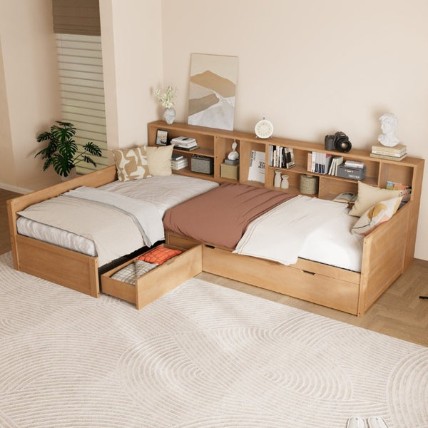 English Elm Twin Pine Corner Daybed with Trundle Bookcase and Storage Drawer Sleeps Three Natural BS701P480681N
