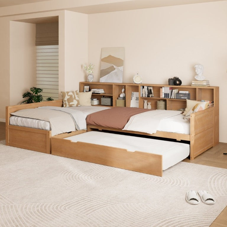 English Elm Twin Pine Corner Daybed with Trundle Bookcase and Storage Drawer Sleeps Three Natural BS701P480681N