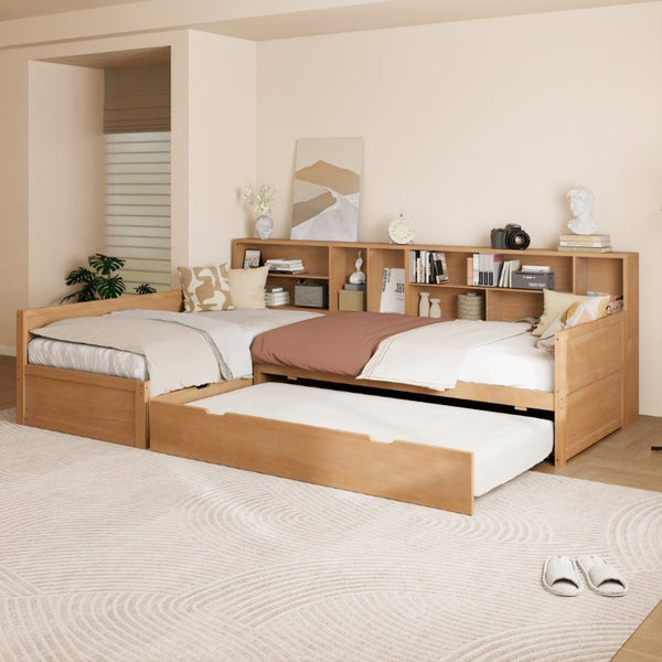 English Elm Twin Pine Corner Daybed with Trundle Bookcase and Storage Drawer Sleeps Three Natural BS701P480681N