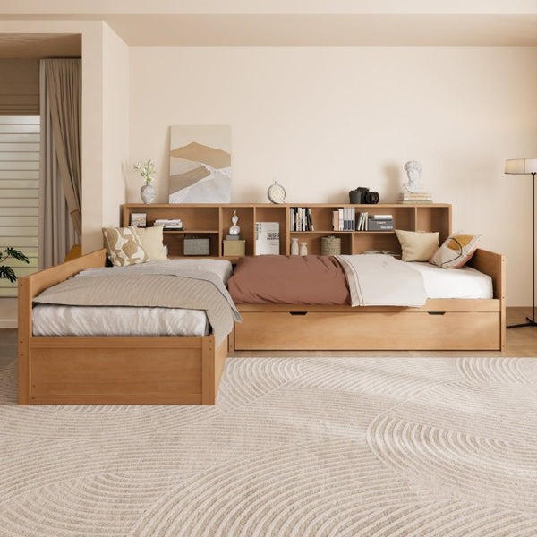 English Elm Twin Pine Corner Daybed with Trundle Bookcase and Storage Drawer Sleeps Three Natural BS701P480681N