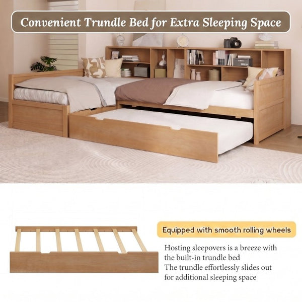 English Elm Twin Pine Corner Daybed with Trundle Bookcase and Storage Drawer Sleeps Three Natural BS701P480681N