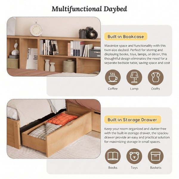 English Elm Twin Pine Corner Daybed with Trundle Bookcase and Storage Drawer Sleeps Three Natural BS701P480681N
