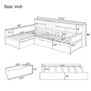 English Elm Twin Pine Corner Daybed with Trundle Bookcase and Storage Drawer Sleeps Three Natural BS701P480681N