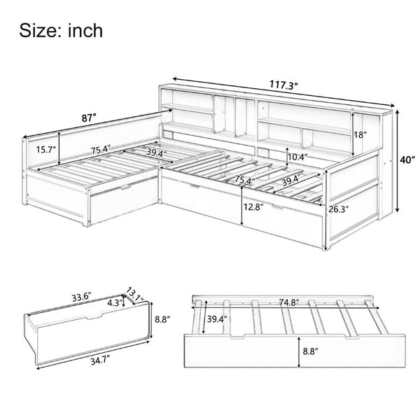 English Elm Twin Pine Corner Daybed with Trundle Bookcase and Storage Drawer Sleeps Three Natural BS701P480681N