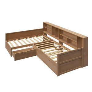 English Elm Twin Pine Corner Daybed with Trundle Bookcase and Storage Drawer Sleeps Three Natural BS701P480681N