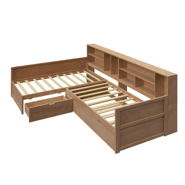 English Elm Twin Pine Corner Daybed with Trundle Bookcase and Storage Drawer Sleeps Three Natural BS701P480681N