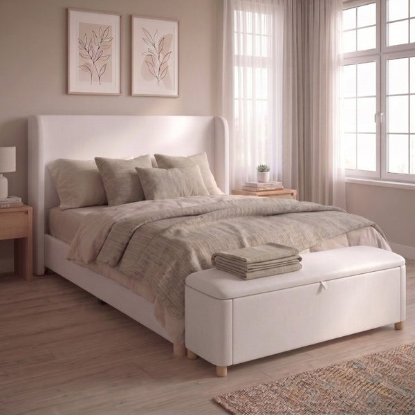 English Elm 2-Piece Queen Velvet Wingback Platform Bed and Storage Ottoman Bench Bedroom Set Cream BS701P498618C