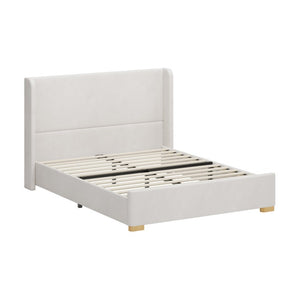 English Elm 2-Piece Queen Velvet Wingback Platform Bed and Storage Ottoman Bench Bedroom Set Cream BS701P498618C