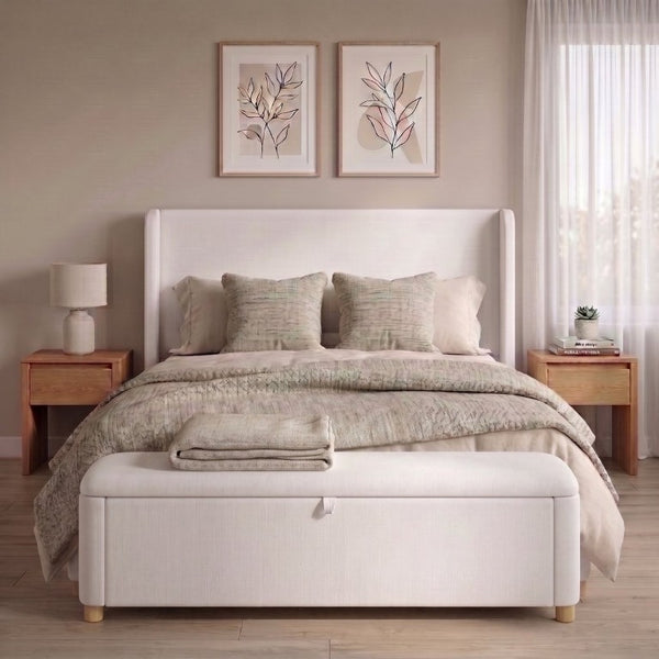 English Elm 2-Piece Queen Velvet Wingback Platform Bed and Storage Ottoman Bench Bedroom Set Cream BS701P498618C