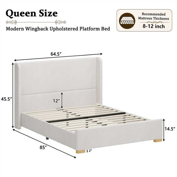 English Elm 2-Piece Queen Velvet Wingback Platform Bed and Storage Ottoman Bench Bedroom Set Cream BS701P498618C