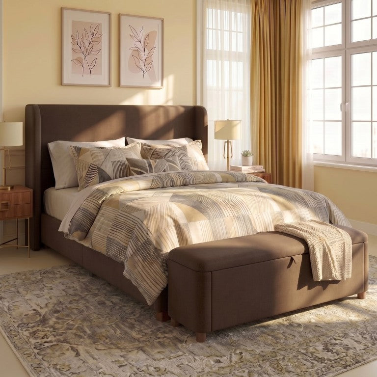 English Elm 2-Piece Queen Velvet Wingback Platform Bed and Storage Ottoman Bench Bedroom Set Dark Brown BS701P498618D