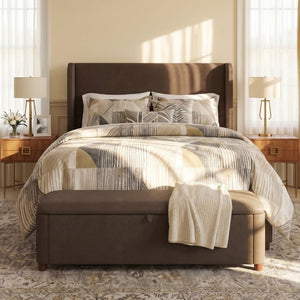 English Elm 2-Piece Queen Velvet Wingback Platform Bed and Storage Ottoman Bench Bedroom Set Dark Brown BS701P498618D
