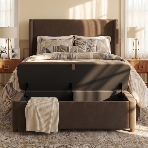 English Elm 2-Piece Queen Velvet Wingback Platform Bed and Storage Ottoman Bench Bedroom Set Dark Brown BS701P498618D