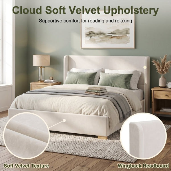 English Elm 2-Piece King Velvet Wingback Bed and Ottoman Set with Channel Stitched Headboard BS701P499000C