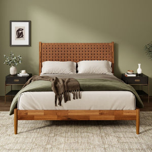 English Elm Solid Acacia Queen Platform Bed Woven Vegan Leather Headboard Mid-Century Frame Caramel BS701P519321C