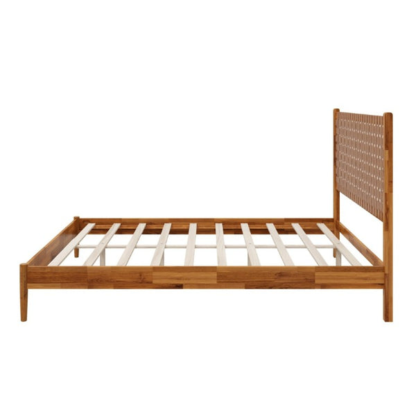 English Elm Solid Acacia Queen Platform Bed Woven Vegan Leather Headboard Mid-Century Frame Caramel BS701P519321C