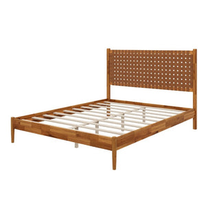 English Elm Solid Acacia Queen Platform Bed Woven Vegan Leather Headboard Mid-Century Frame Caramel BS701P519321C