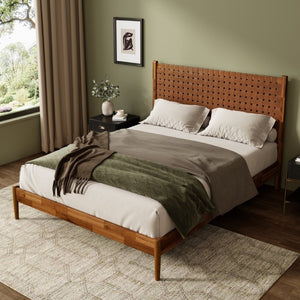 English Elm Solid Acacia Queen Platform Bed Woven Vegan Leather Headboard Mid-Century Frame Caramel BS701P519321C