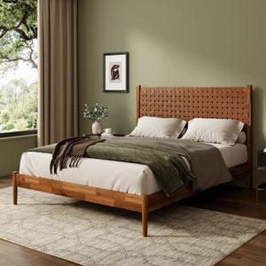 English Elm Solid Acacia Queen Platform Bed Woven Vegan Leather Headboard Mid-Century Frame Caramel BS701P519321C