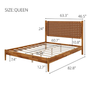 English Elm Solid Acacia Queen Platform Bed Woven Vegan Leather Headboard Mid-Century Frame Caramel BS701P519321C