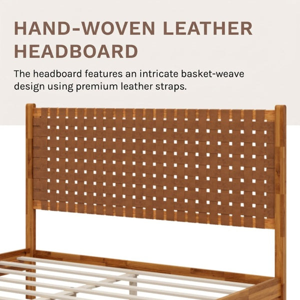 English Elm Solid Acacia Queen Platform Bed Woven Vegan Leather Headboard Mid-Century Frame Caramel BS701P519321C