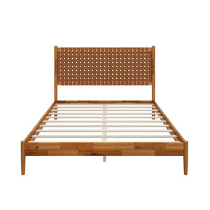 English Elm Solid Acacia Queen Platform Bed Woven Vegan Leather Headboard Mid-Century Frame Caramel BS701P519321C