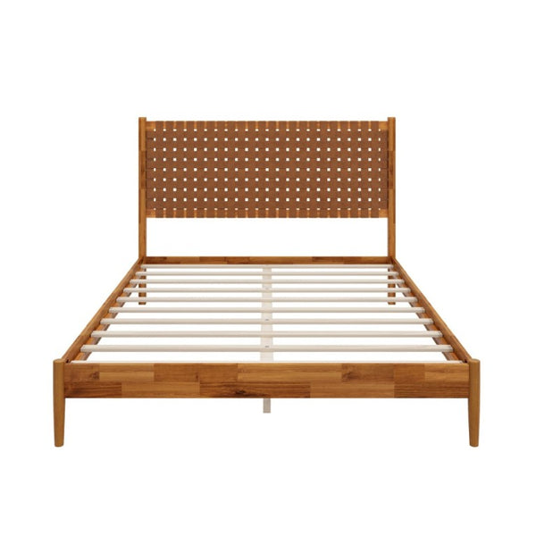 English Elm Solid Acacia Queen Platform Bed Woven Vegan Leather Headboard Mid-Century Frame Caramel BS701P519321C