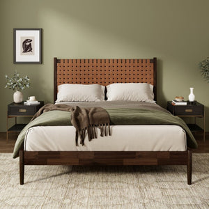 English Elm Solid Acacia Queen Platform Bed Woven Vegan Leather Headboard Mid-Century Frame Dark Brown BS701P519321D